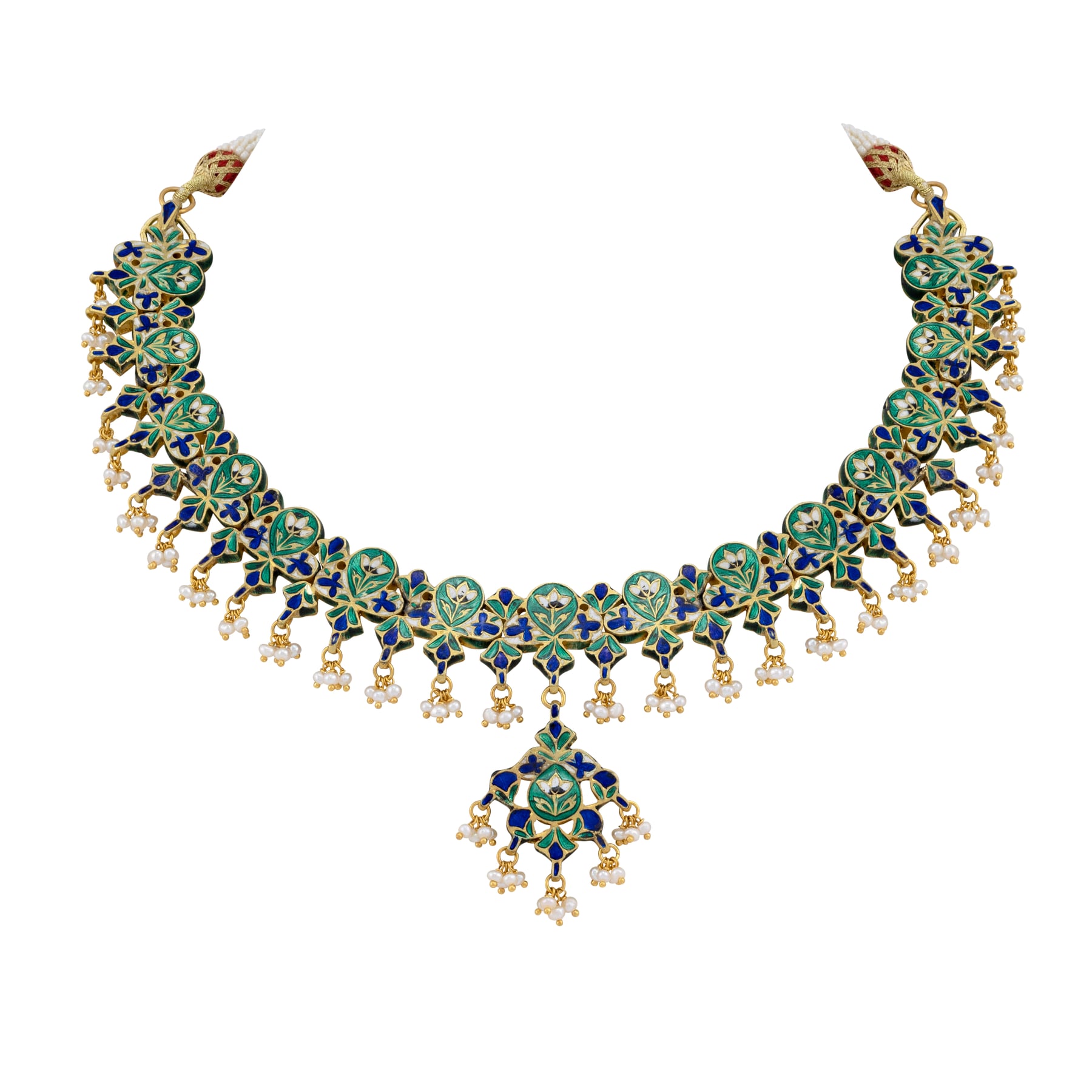 Polki Necklace with Red Enamel and Pearl Bead Clusters